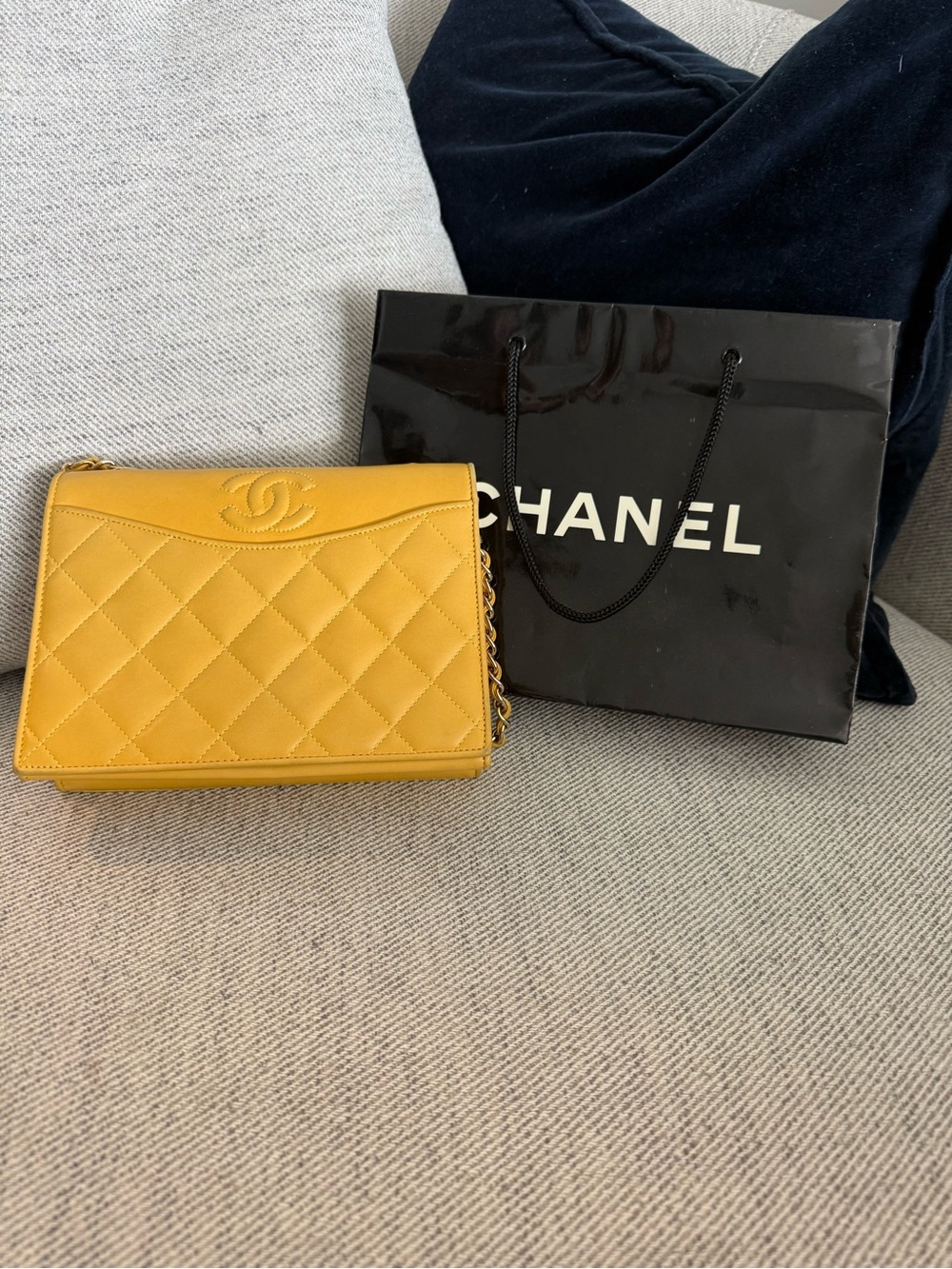 Authentic CHANEL Yellow Quilted Leather Shoulder Bag with Chain Strap